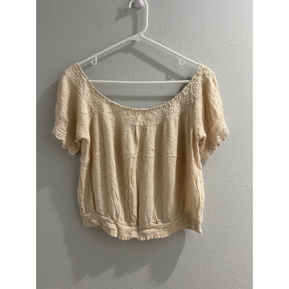 Charlotte Russe Beige Crochet Lace Off The Shoulder Smocked Crop Top XL